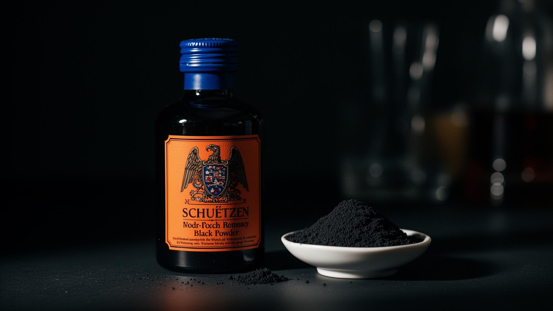 Schuetzen black powder bottle with powder dish